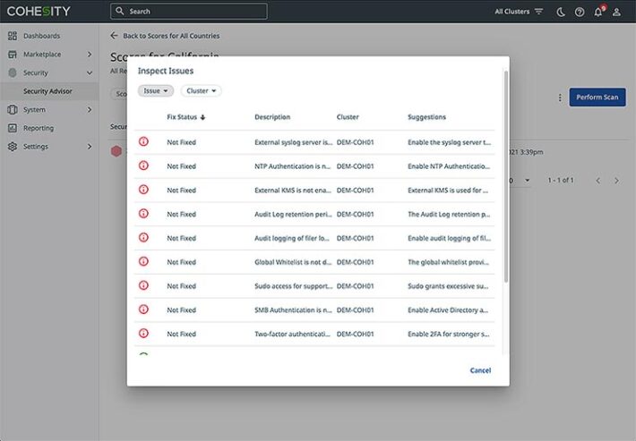 Cohesity con Security Advisor